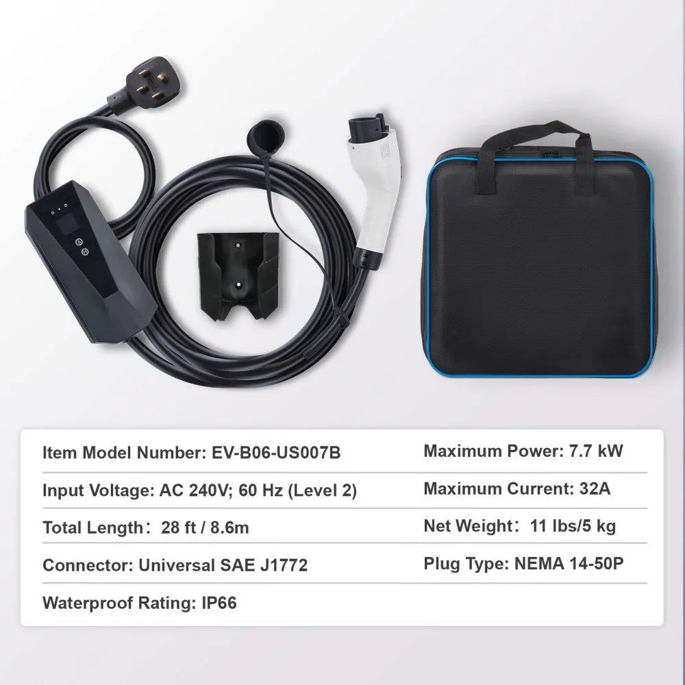 VEVOR 32 A Level 2 Portable EV Charger – Fast 25 mi/hr Charging, IP66 Waterproof